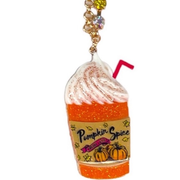 New Betsey Johnson Pumpkin Spice Pendant Fall Latte Crystal Necklace - Picture 7 of 13